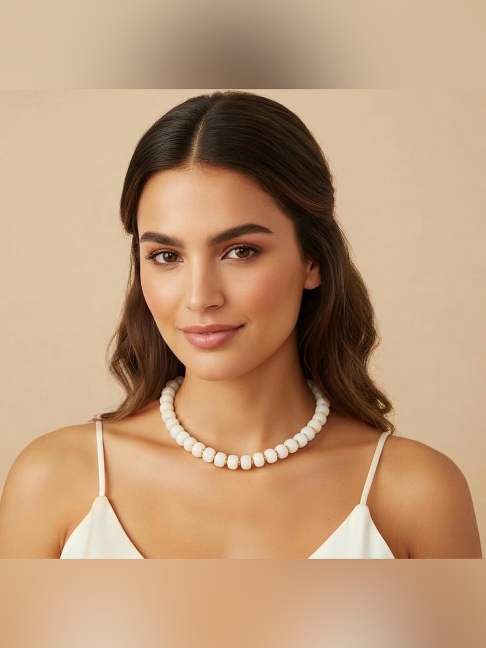 NWT Classic White Beaded Resin Necklace with Gold Accents